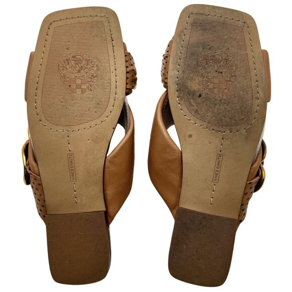 Vince Camuto Womens Slide Sandals 8 Azori Brown Leather Square Toe Gold Chain - Picture 8 of 9